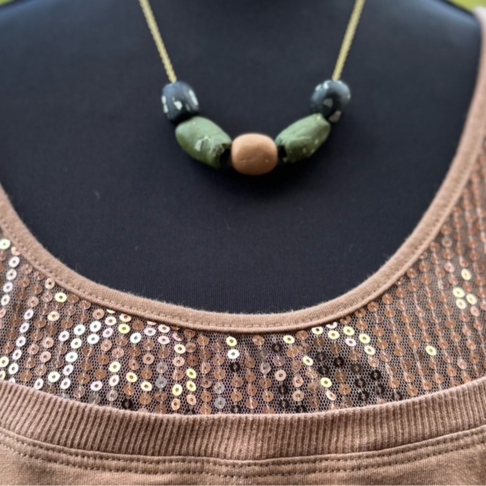 Handmade Polymer Clay Bead Necklace Chunky Statement Green Boho Artisan